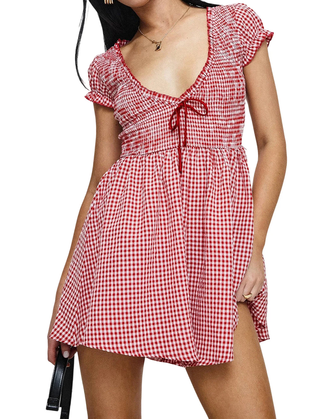 Plaid Bow Mini Dress With V Neck And Short Sleeves
