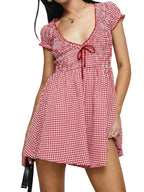 Plaid Bow Mini Dress With V Neck And Short Sleeves