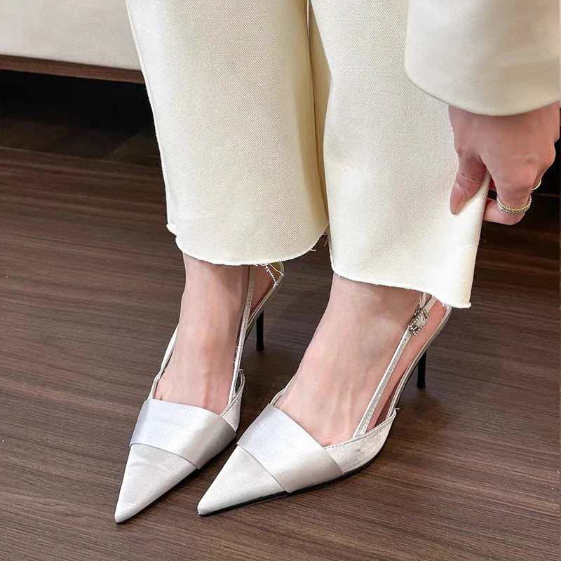 Soft Pink Silver Black Satin Slingback Pumps Point Toe And Ribbon Plait Design For Elegant Evening