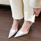 Soft Pink Silver Black Satin Slingback Pumps Point Toe And Ribbon Plait Design For Elegant Evening