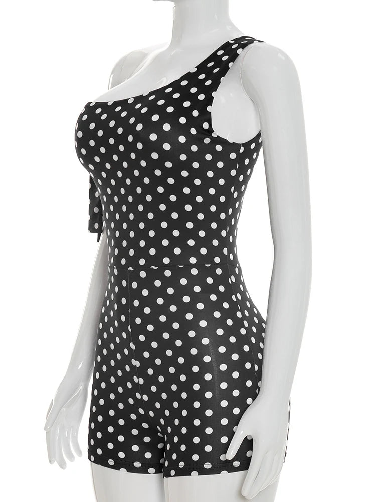 Polka Dot Playsuit With Tassel Details Sleeveless Low-Neck