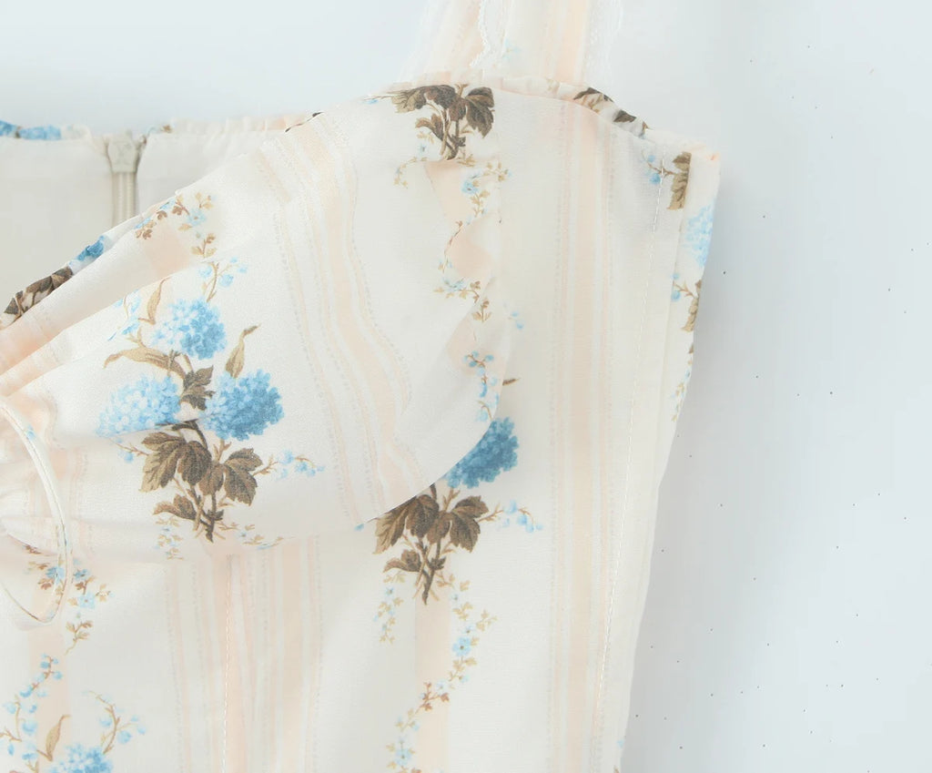 Romantic Apricot Floral Print Bow Ruched Midi Dress With Lace Lining For Women And Elegant Silhouette