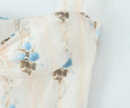 Romantic Apricot Floral Print Bow Ruched Midi Dress With Lace Lining For Women And Elegant Silhouette
