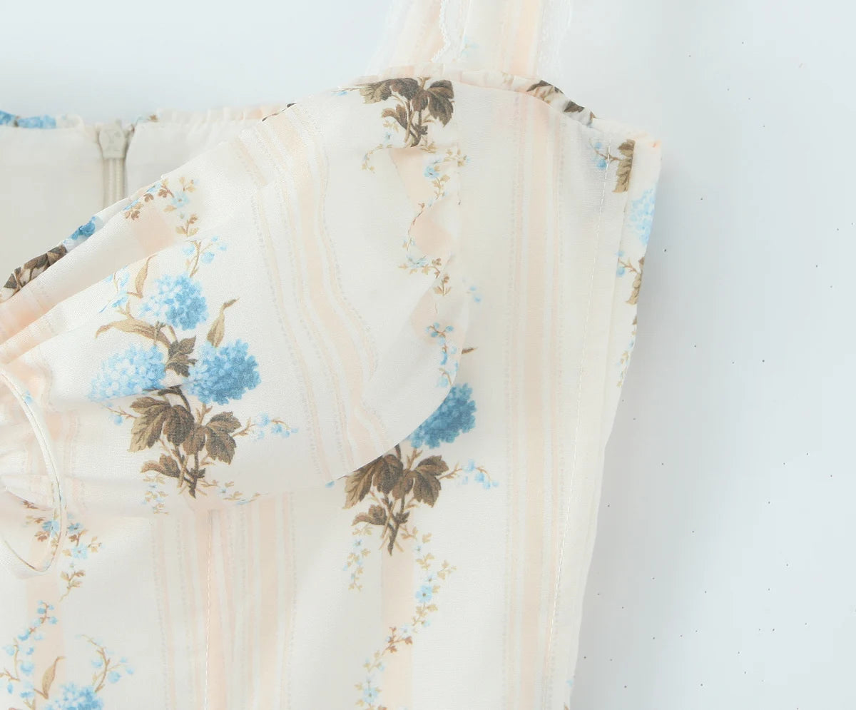 Romantic Apricot Floral Print Bow Ruched Midi Dress With Lace Lining For Women And Elegant Silhouette