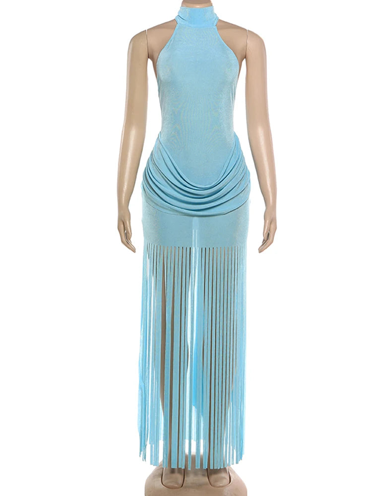Velvet Halter Turtleneck Backless Mini Dress With Ruched Patchwork Tassel Hem