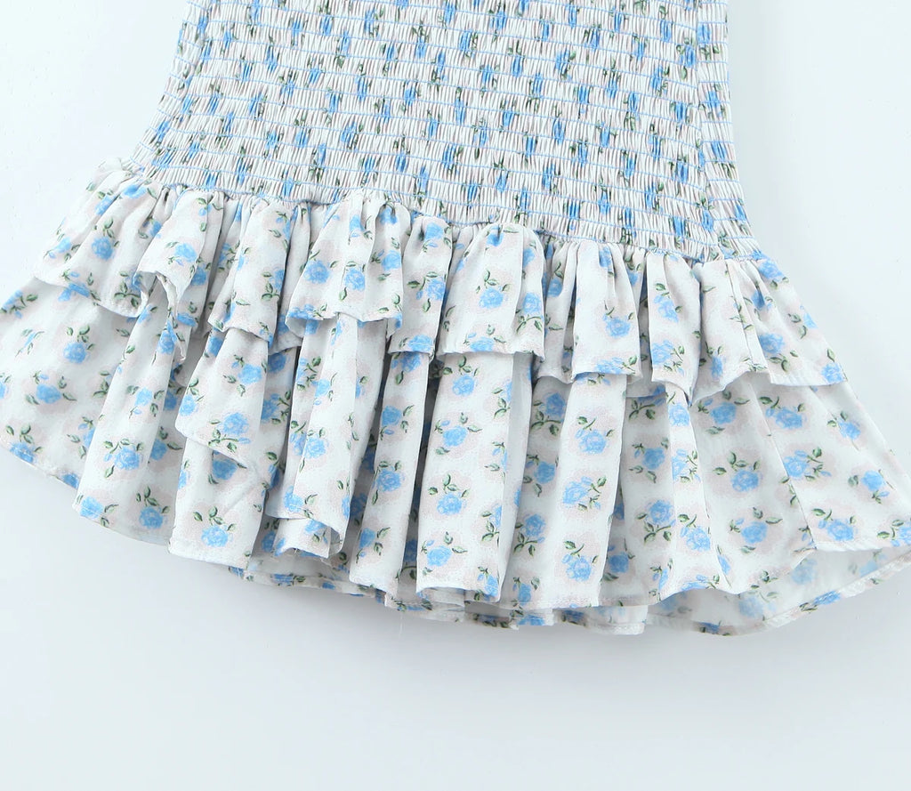 Flower Print Corset Ruched Elastic Body Sling Mini Square Collar Ruffles Hem Dress
