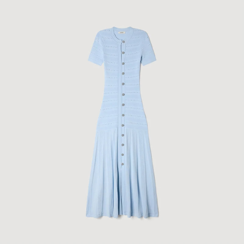Baby Blue Knit Midi Dress With Button Front Short Sleeves Ruffles Slim Fit