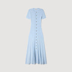 Baby Blue Knit Midi Dress With Button Front Short Sleeves Ruffles Slim Fit