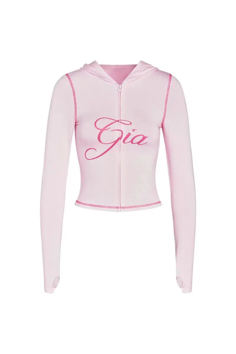 Two Piece Slim Fit Letter Print Hooded Zipper Jacket And Pants Set Open Thread Design