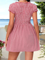 Plaid Bow Mini Dress With V Neck And Short Sleeves