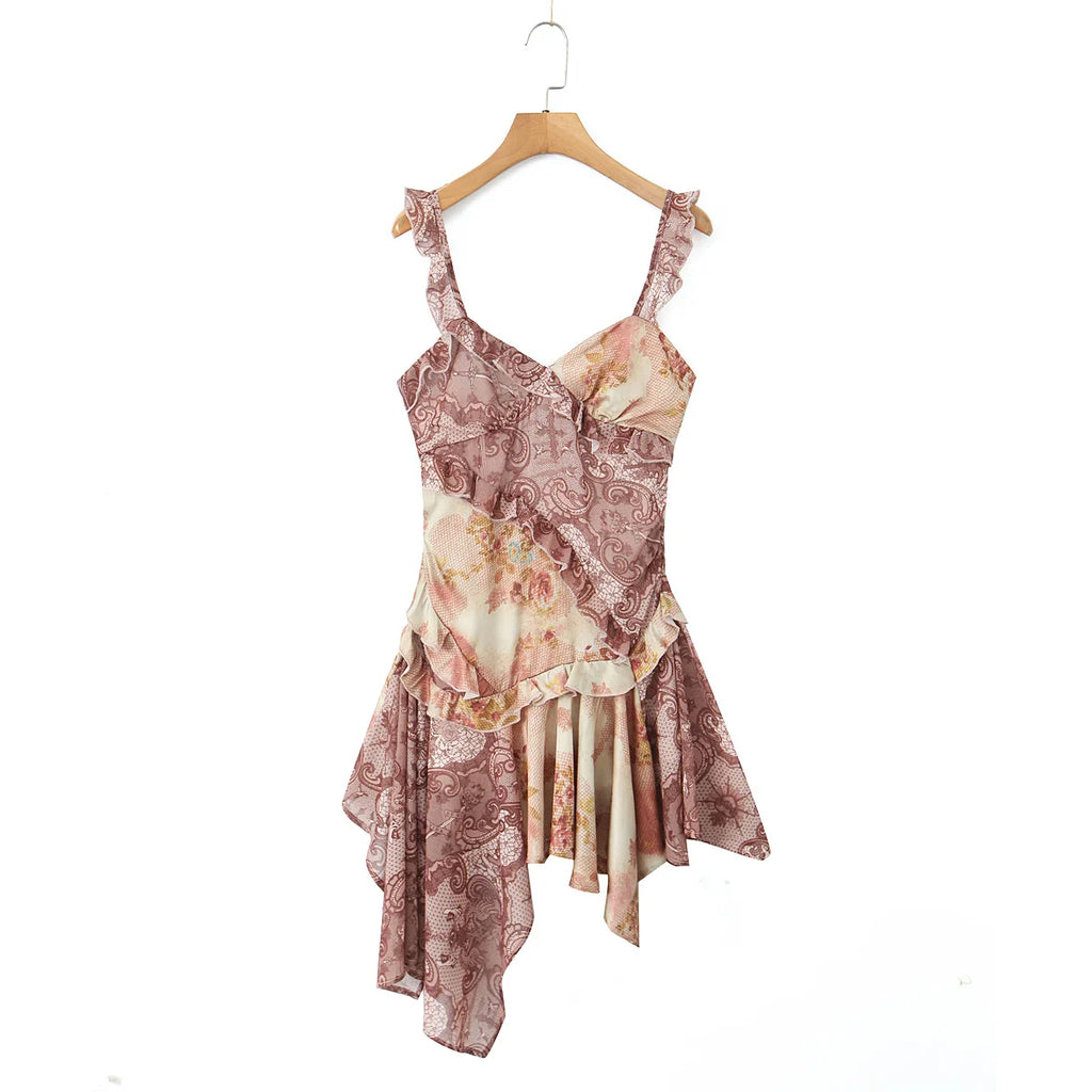 V Neck Paisley Totem Print Mini Dress With Ruffles Pleats And Irregular Hem
