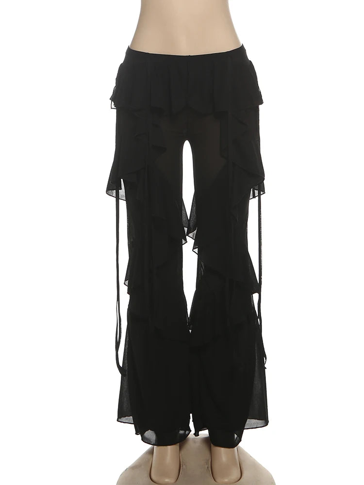 Irregular Tiered Flare Pants With Patchwork See Through