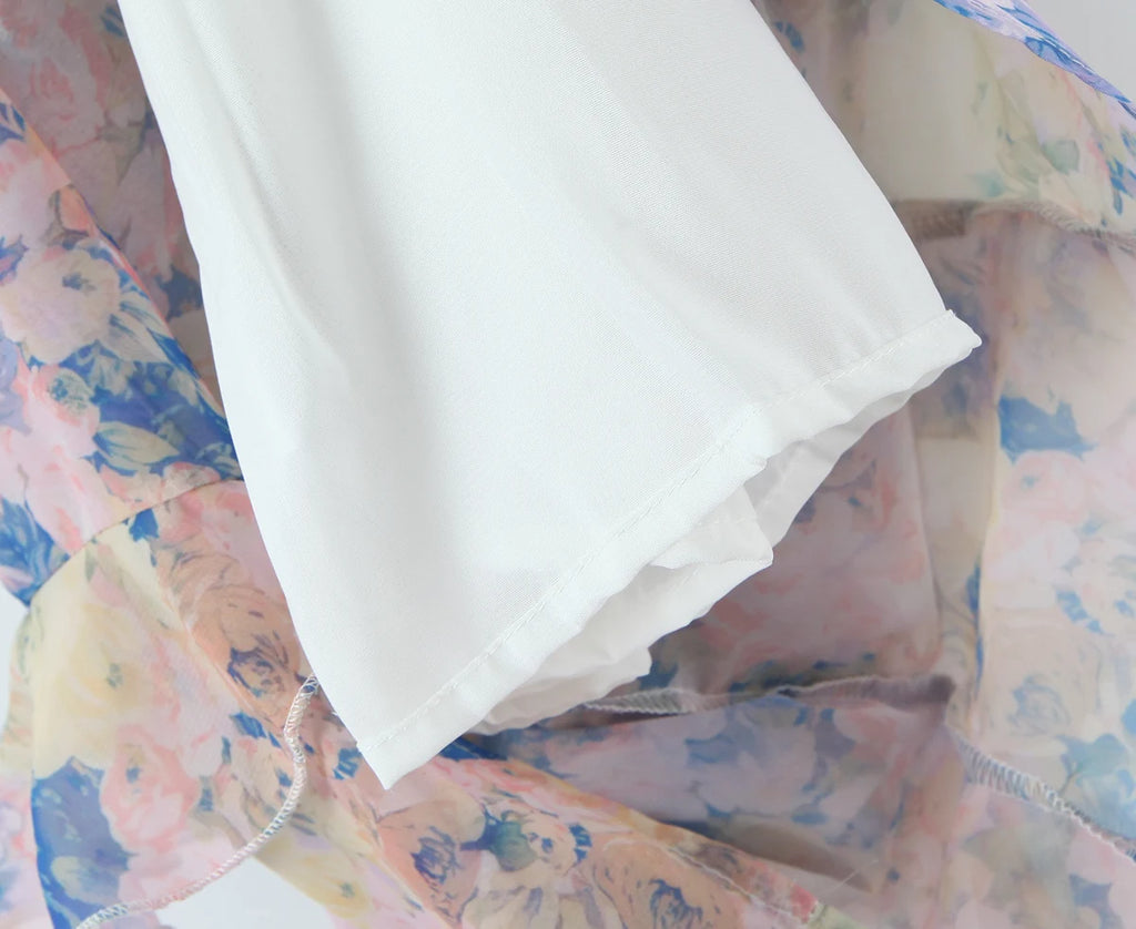 Gradient Floral Ruffles Chiffon Dress With V Neck Backless