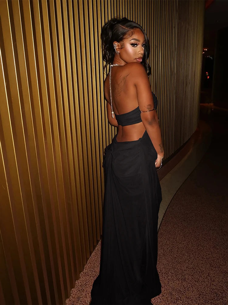 Backless Mesh Beach Dress With Halter Chain Deep V Ruched