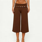 Fold Over Rivet Capri Women With Low Rise Knee Length Stretch Pants