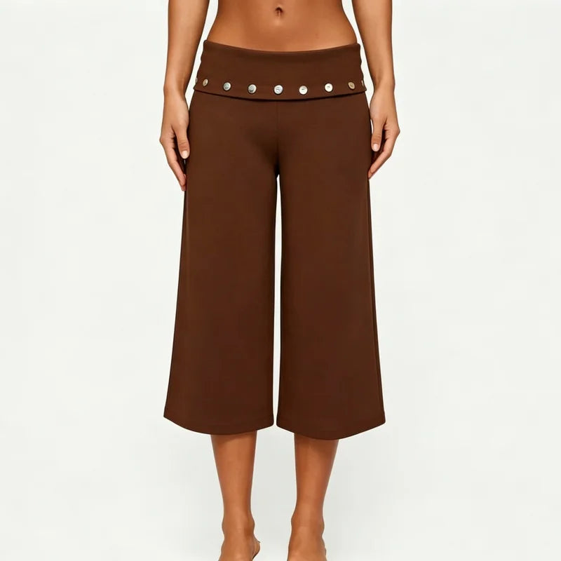 Fold Over Rivet Capri Women With Low Rise Knee Length Stretch Pants