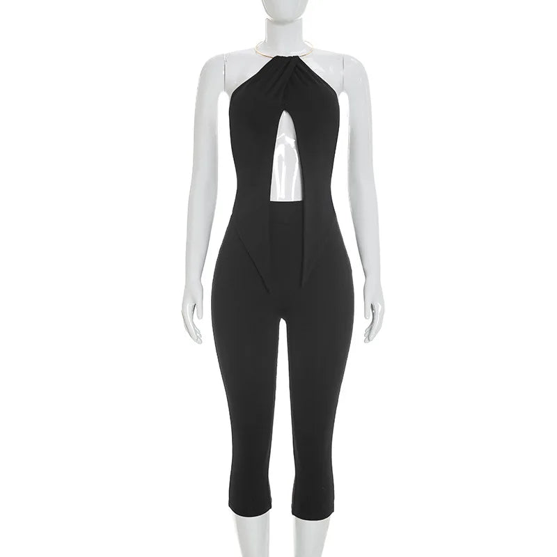 Urban Halter Crop Top And High Waist Capri Set With Metal Ring Detail Two-piece