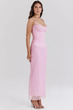 Elegant Mesh Patchwork Bodycon Dress With Spaghetti Straps And Double Layered Zipper Detail