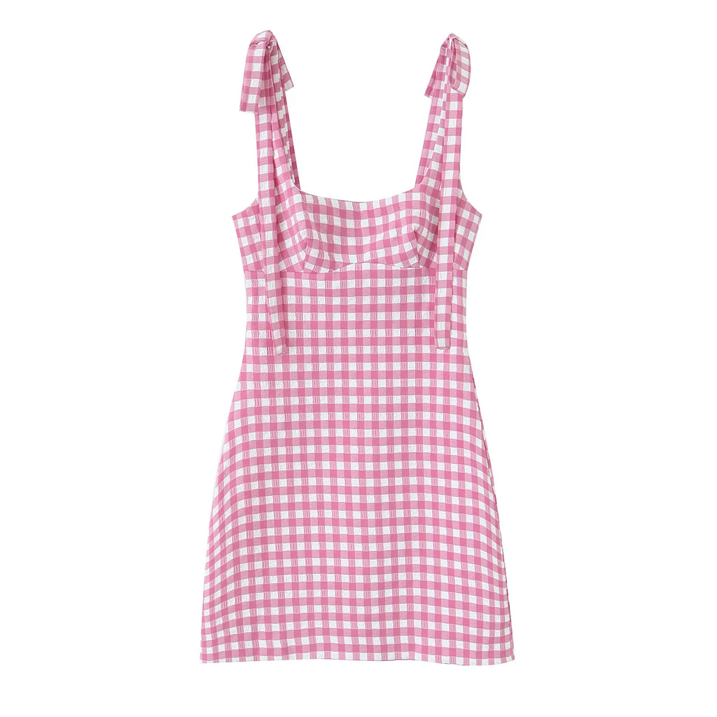 Gingham Bow Mini Dress With Square Neck High Waist Bodycon