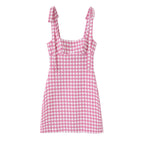 Gingham Bow Mini Dress With Square Neck High Waist Bodycon