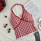 Halter Neck Bow Plaid Crop Top With Shirred Back For Women Cute Fashion Blouse