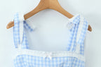 Women New Fashion Sweet Plaid Chic Lace Patchwork French Square Collar Backless Top