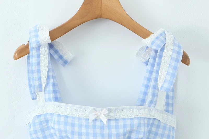Women New Fashion Sweet Plaid Chic Lace Patchwork French Square Collar Backless Top