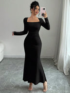 Retro Square Collar Dress With Long Sleeves In Solid Color