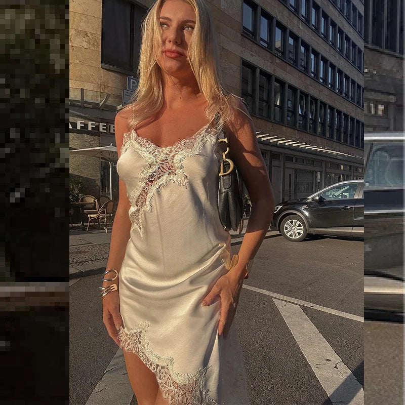 Satin Elegant Backless Lace Slip Dress