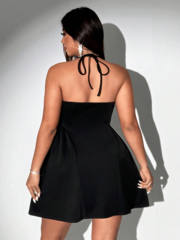 Plus Size Lace Trim V Neck Sleeveless Puff Evening Dress