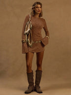 A Line Knit Mini Dress With Slash Neck And Bell Sleeves