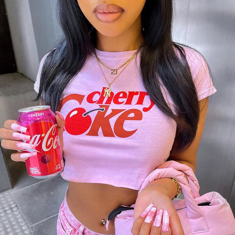 Kawaii Cherry Print Cropped Tee With Vintage Graphic Style Short Sleeve Top