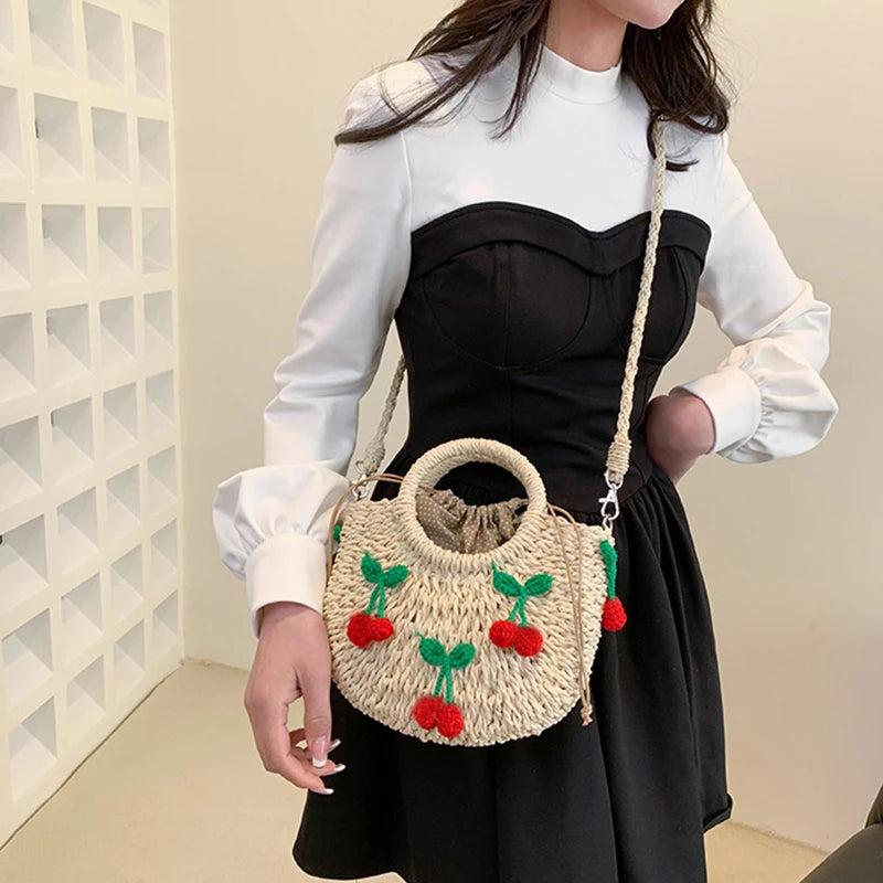 Cherry Deco Chic Shoulder Bag Mini Basket Purse Paper Weave Handmade