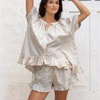 Women Gingham Pajamas Y2K Plaid Ruffle Shorts Set Short Sleeve Babydoll Button Down Shirt Shorts Lounge Set