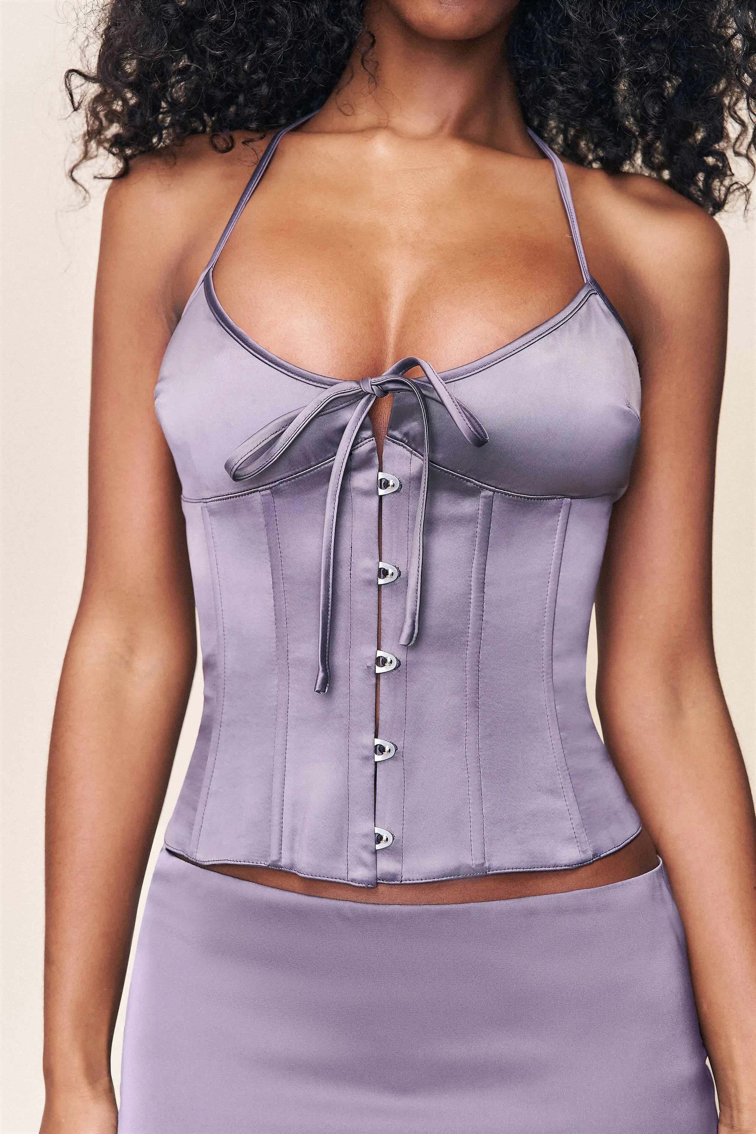 Gunmetal Satin Corset Top With Halter Neck Waist Cinching Fit Purple Gray Shine