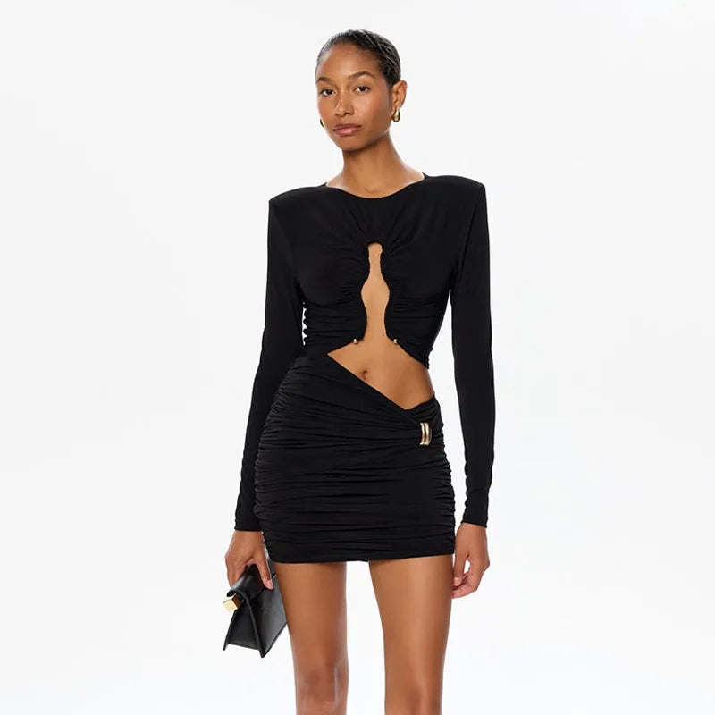 Hollow Out O Neck Long Sleeves Sheath Dress With Hip Wrap Mini