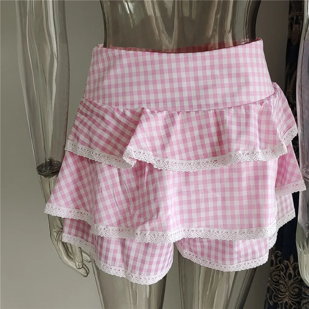 Cotton Plaid Ruffled Top And Shorts Set For Women