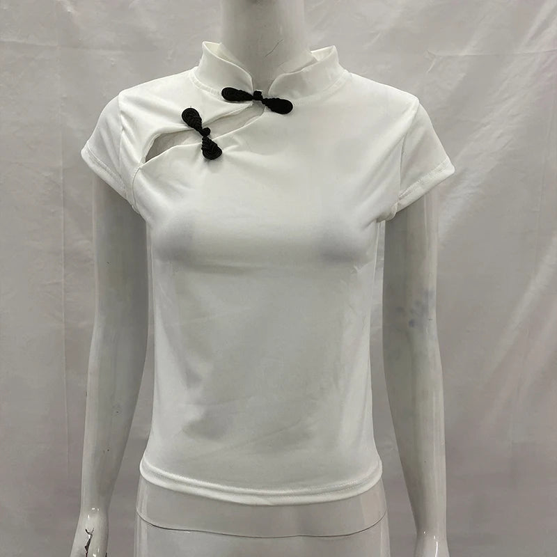 Ladies Blouse With Mandarin Collar Short Sleeve Crop Top Keyhole Frog Button Vintage Asymmetrical Design