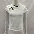 Ladies Blouse With Mandarin Collar Short Sleeve Crop Top Keyhole Frog Button Vintage Asymmetrical Design