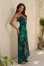 Retro Print One Piece Swimsuit With Skirt Overlay Deep V Lace Up Swimwear