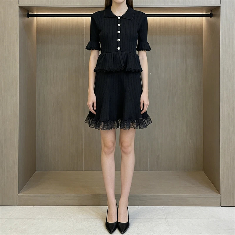 Lace Patchwork Dress With Ruffle Layers And Short Sleeves