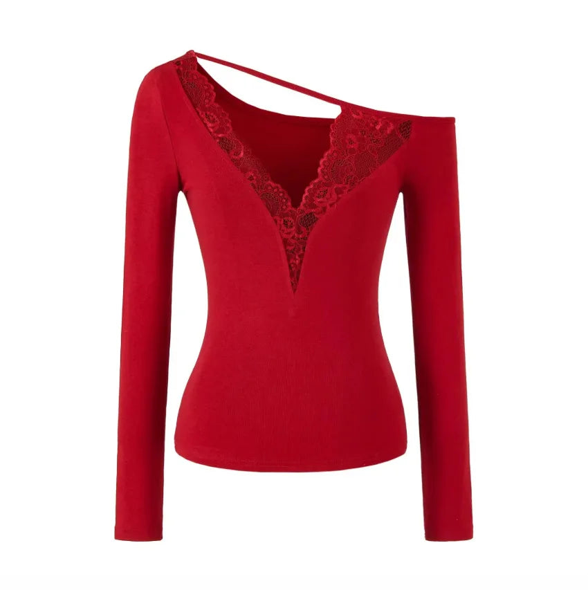 Soft Cotton Long Sleeve Lace Trim V Neck Top Feminine Style