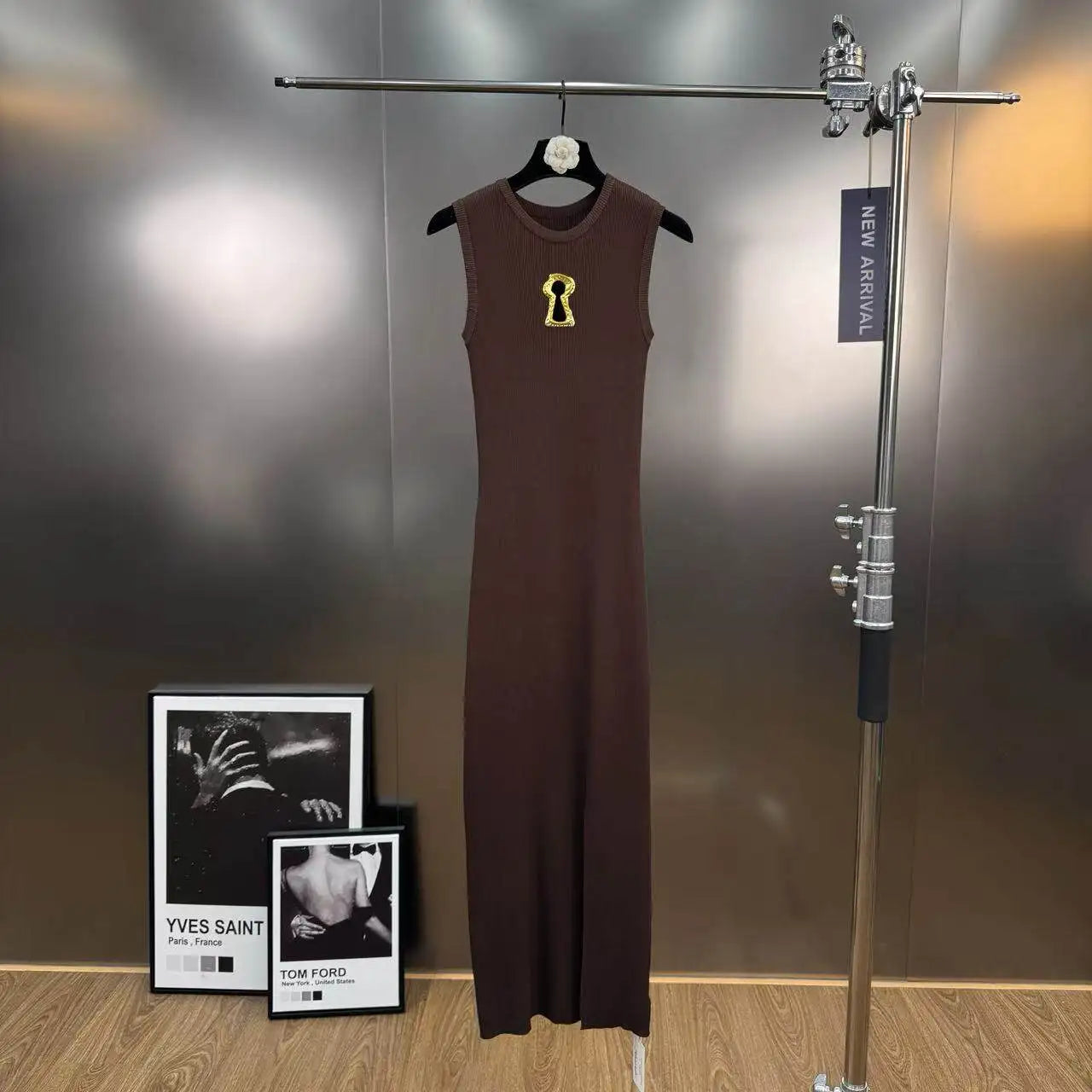 Hollow-Out Knit Vest Dress With Metal Buttons Sleeveless Slit