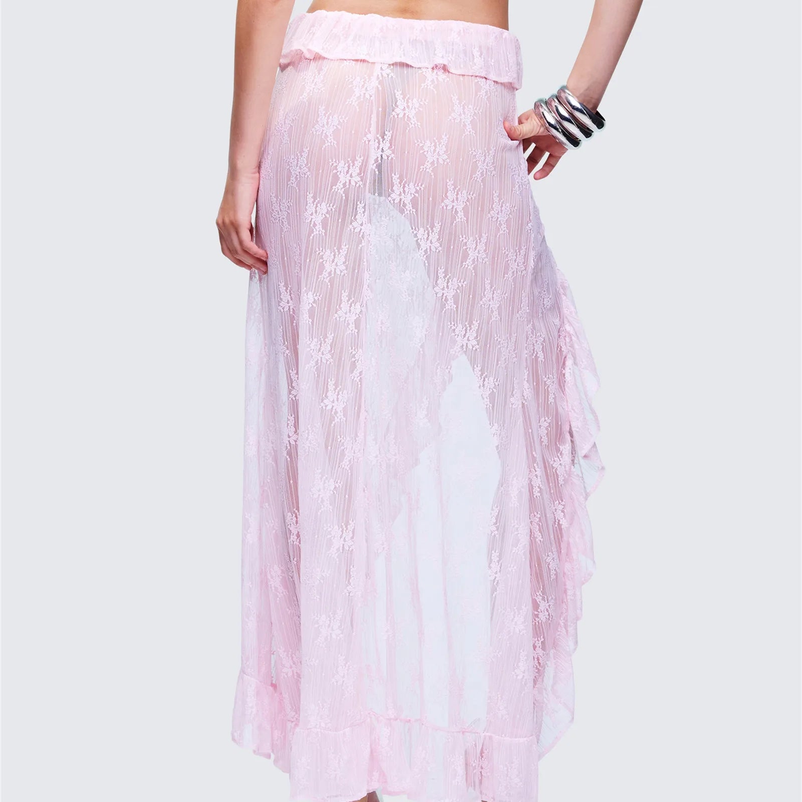 Women Asymmetrical Lace Flowy Skirt Vintage Long Skirts High Waist Ruffle Midi