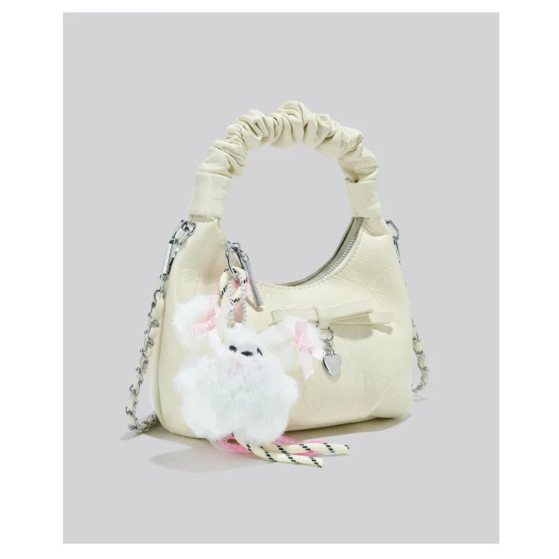 Cloudy Glamour Plush Pendant Shoulder Bag in Glossy Ruched Leather