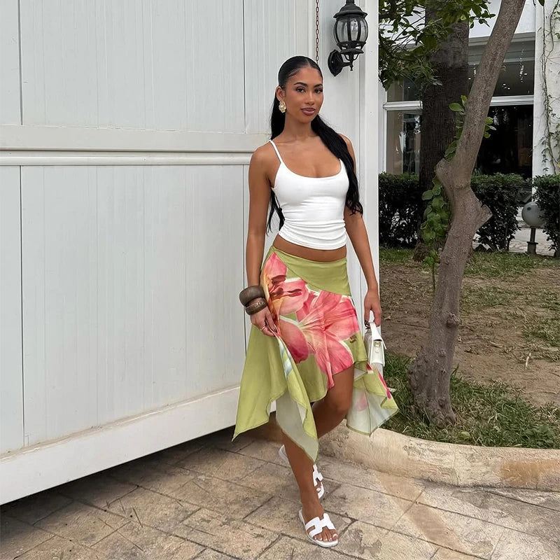 Boho Printed Long Skirt With High Waist And Irregular Hem Tassel Detail