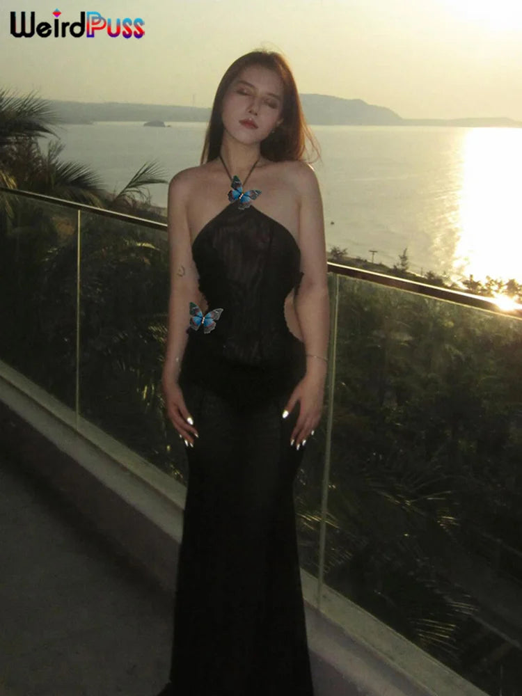 Sheer Halter Dress With Butterfly Appliques Hollow Ruffle Details Elegant Gown