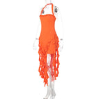Elegant Halter Backless Ruffles Mini Dress Slim Fit With Tassel Detail