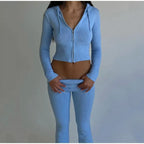 Ribbed Knit Two Piece Tracksuit Set With Hooded Crop Top And Elastic Zippered Pants