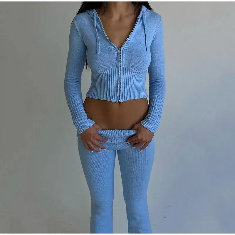 Ribbed Knit Two Piece Tracksuit Set With Hooded Crop Top And Elastic Zippered Pants
